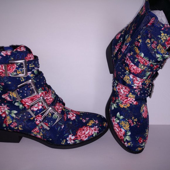 Qupid Rose Print Blue Denim Ankle Boots Buckles 5.5 - 10 - Picture 6 of 11